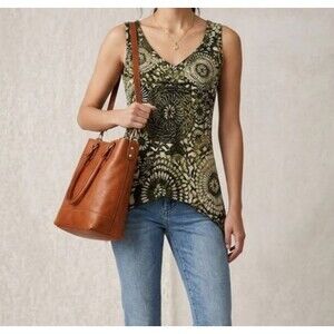 Floral Retro Green Tank Top Womens Size M V Neck Boho Garden Fairy